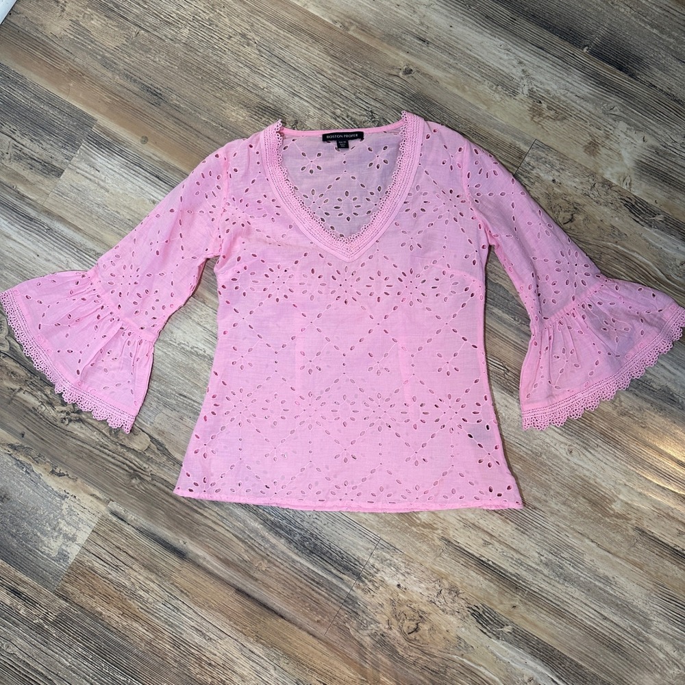 Boston Proper Pink Eyelet Cotton V-Neck Bell Sleeve Blouse Top XS